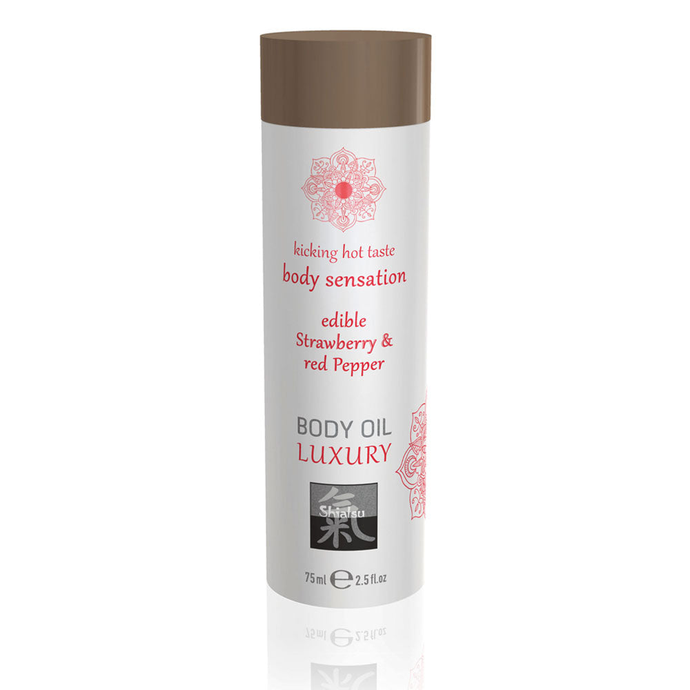 Vibrators, Sex Toy Kits and Sex Toys at Cloud9Adults - Shiatsu Luxury Body Oil Edible Strawberry And Red Pepper 75ml - Buy Sex Toys Online