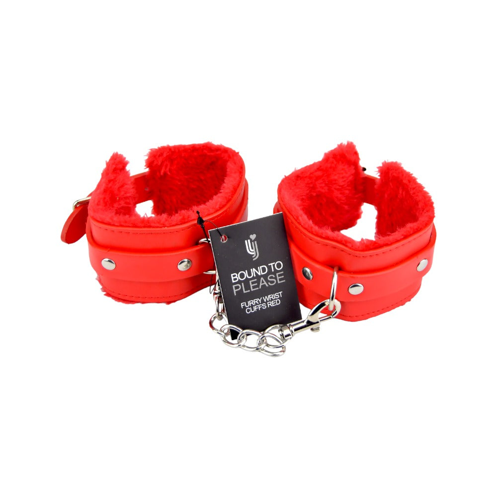Vibrators, Sex Toy Kits and Sex Toys at Cloud9Adults - Bound to Please Furry Plush Wrist Cuffs Red - Buy Sex Toys Online