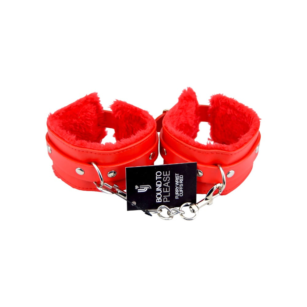 Vibrators, Sex Toy Kits and Sex Toys at Cloud9Adults - Bound to Please Furry Plush Wrist Cuffs Red - Buy Sex Toys Online