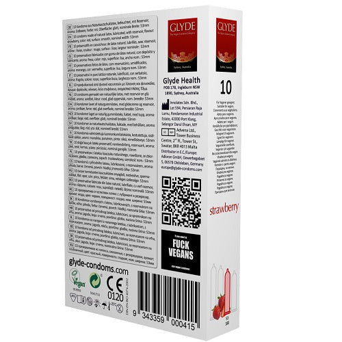 Vibrators, Sex Toy Kits and Sex Toys at Cloud9Adults - Glyde Ultra Strawberry Flavour Vegan Condoms 10 Pack - Buy Sex Toys Online