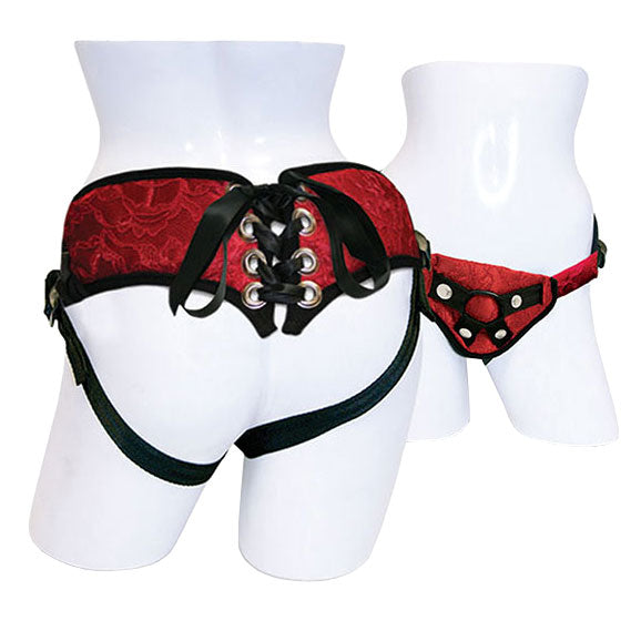 Vibrators, Sex Toy Kits and Sex Toys at Cloud9Adults - SportSheets Red Lace With Satin Corsette Strap On - Buy Sex Toys Online