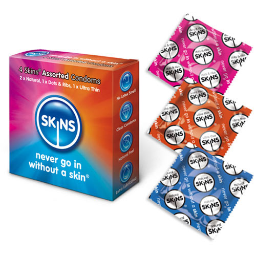 Vibrators, Sex Toy Kits and Sex Toys at Cloud9Adults - Skins Condoms Assorted 4 Pack - Buy Sex Toys Online