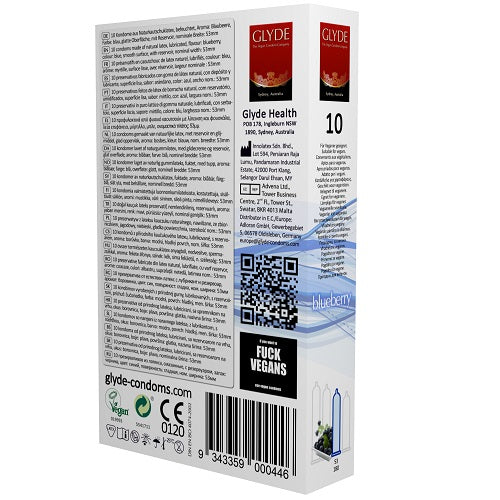 Vibrators, Sex Toy Kits and Sex Toys at Cloud9Adults - Glyde Ultra Blueberry Flavour Vegan Condoms 10 Pack - Buy Sex Toys Online