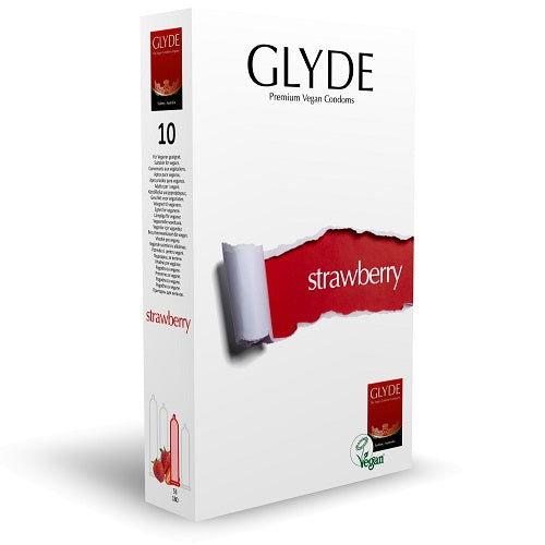 Vibrators, Sex Toy Kits and Sex Toys at Cloud9Adults - Glyde Ultra Strawberry Flavour Vegan Condoms 10 Pack - Buy Sex Toys Online