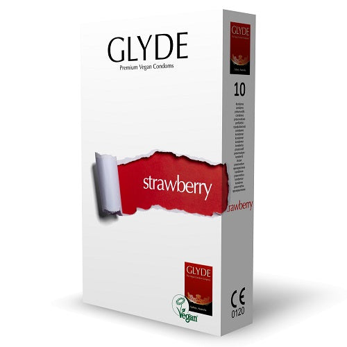 Vibrators, Sex Toy Kits and Sex Toys at Cloud9Adults - Glyde Ultra Strawberry Flavour Vegan Condoms 10 Pack - Buy Sex Toys Online