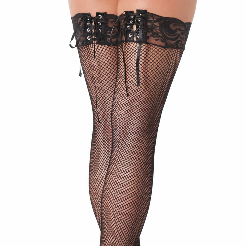 Vibrators, Sex Toy Kits and Sex Toys at Cloud9Adults - Black Fishnet Stockings With Lace Ribbon Tops - Buy Sex Toys Online